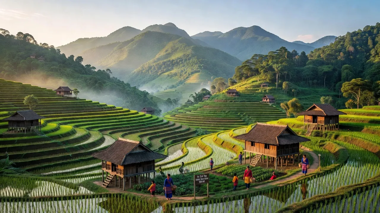 Cảnh đẹp nông thôn xã Châu Nga, huyện Quỳ Châu, tỉnh Nghệ An, với ruộng bậc thang và núi non hùng vĩ.