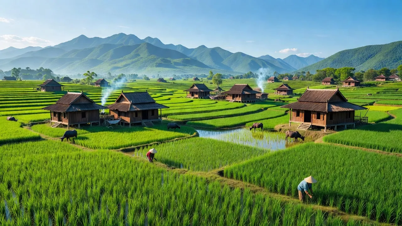 Cảnh quan xã Châu Nga, huyện Quỳ Châu, tỉnh Nghệ An với đồng ruộng xanh và nhà sàn người Thái.