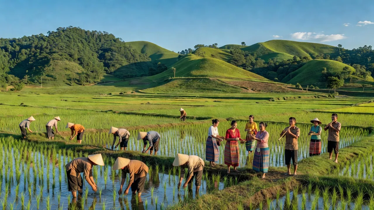 Khung cảnh xã Châu Phong, huyện Quỳ Châu, tỉnh Nghệ An, với đồng xanh và bầu trời trong.