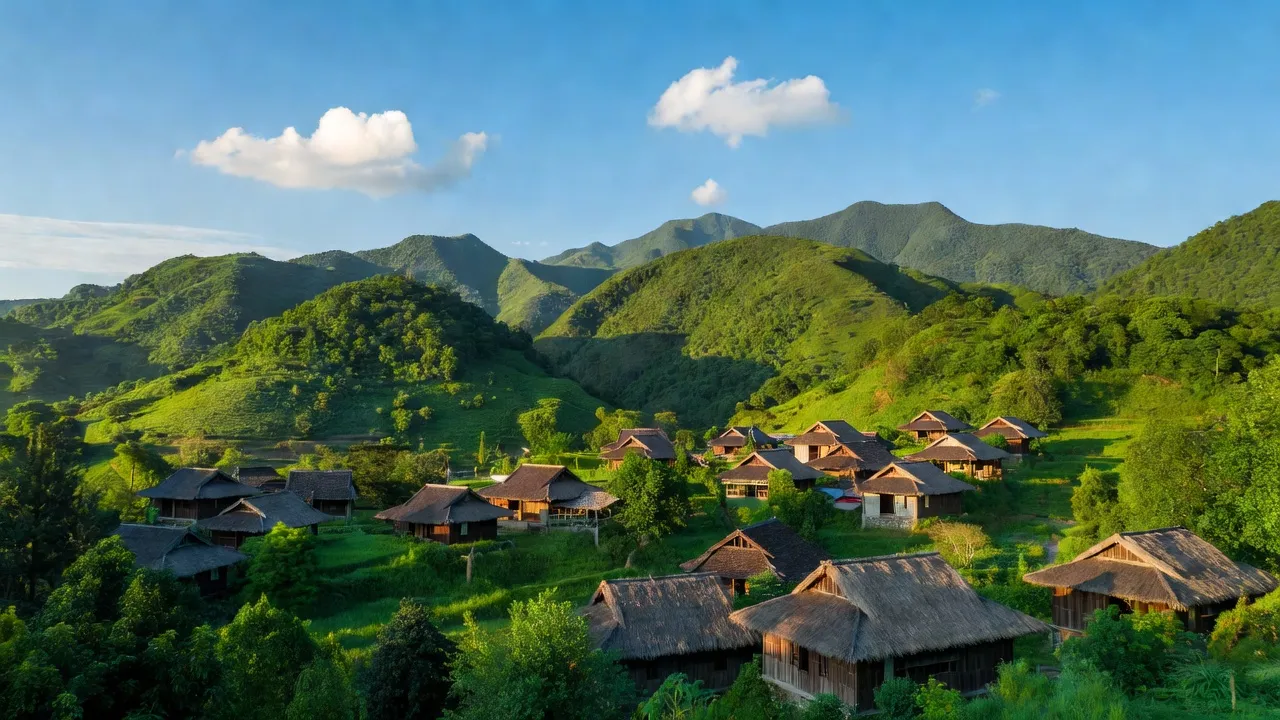 Đồi núi xanh tươi và nhà truyền thống ở xã Châu Thắng, huyện Quỳ Châu, tỉnh Nghệ An, Việt Nam.