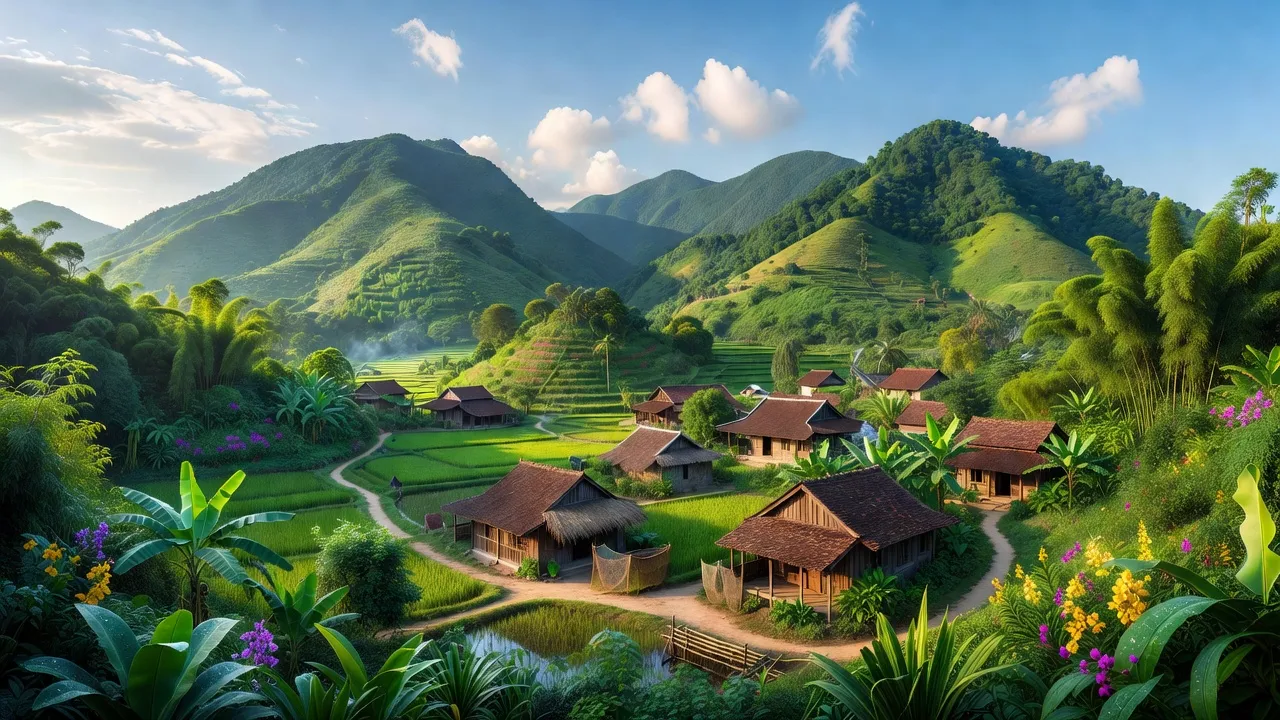 Khung cảnh làng Châu Thuận, huyện Quỳ Châu, tỉnh Nghệ An với núi xanh và nhà truyền thống.