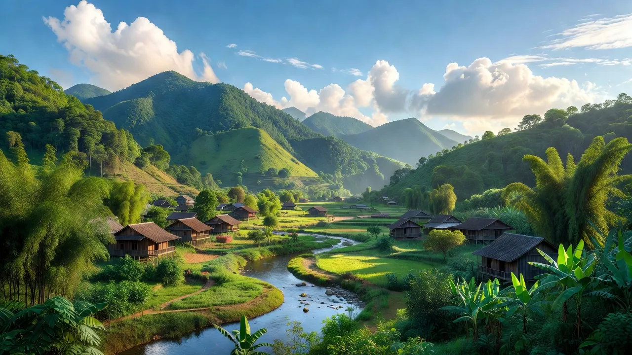 Khung cảnh Xã Châu Thuận, huyện Quỳ Châu, Nghệ An với núi xanh và nhà sàn truyền thống.