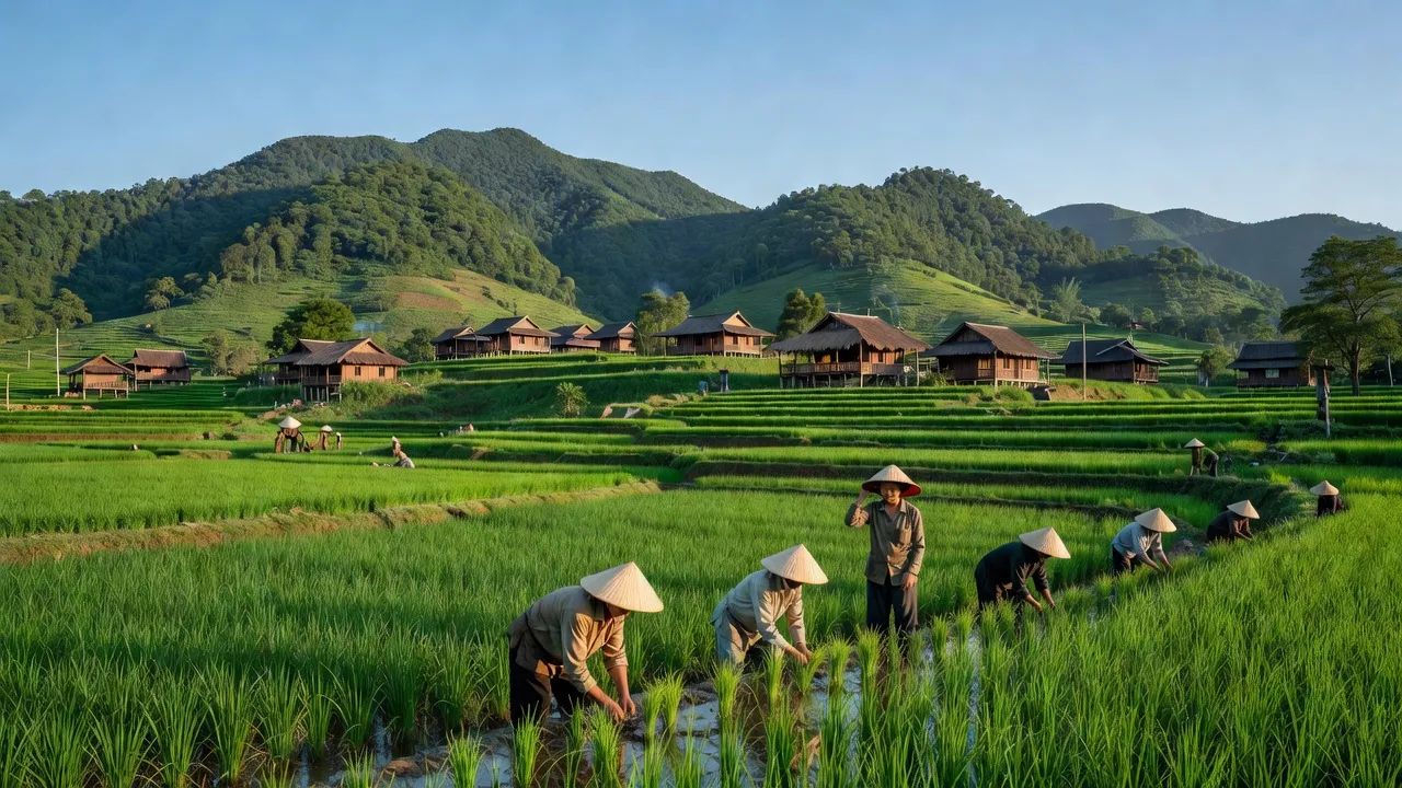 Khung cảnh bình yên tại xã Châu Tiến, huyện Quỳ Châu, Nghệ An với núi non và đồng ruộng.