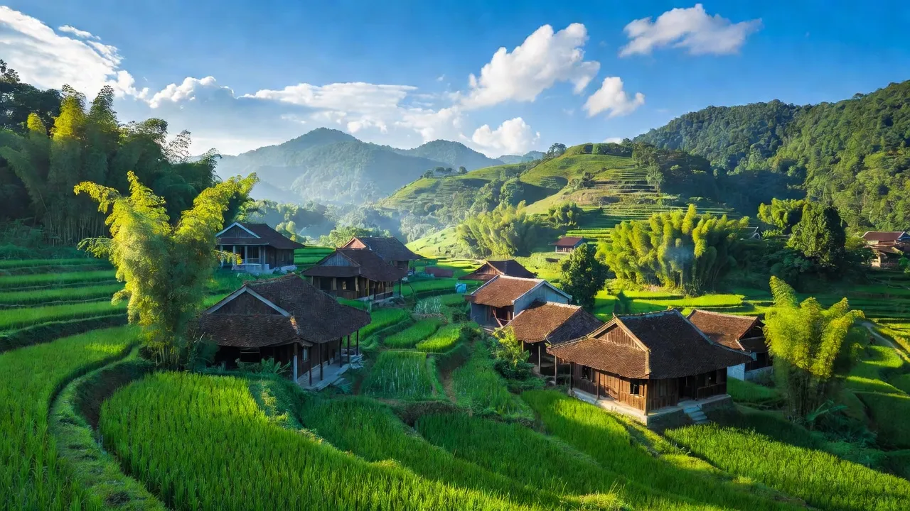 Quang cảnh Xã Châu Tiến tại Huyện Quỳ Châu, Nghệ An, với thiên nhiên xanh mát và nhà truyền thống.
