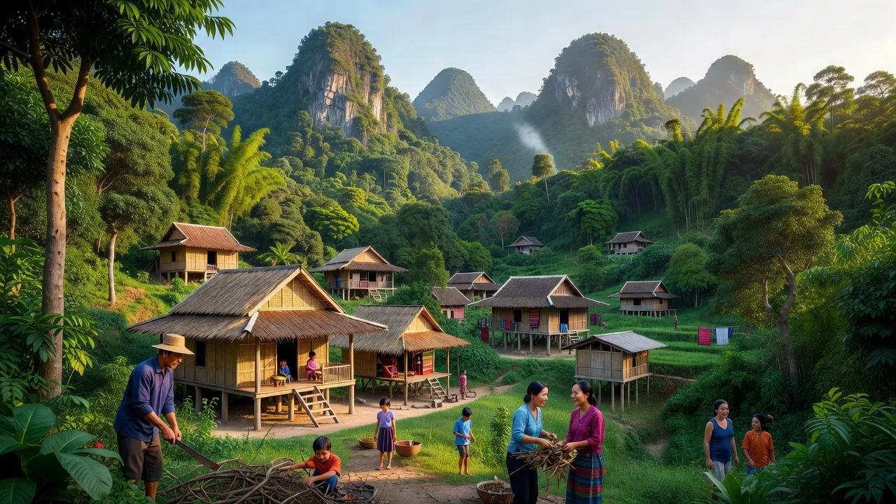 Cảnh quan xã Diên Lãm, huyện Quỳ Châu, tỉnh Nghệ An với rừng xanh và bản người Thái.