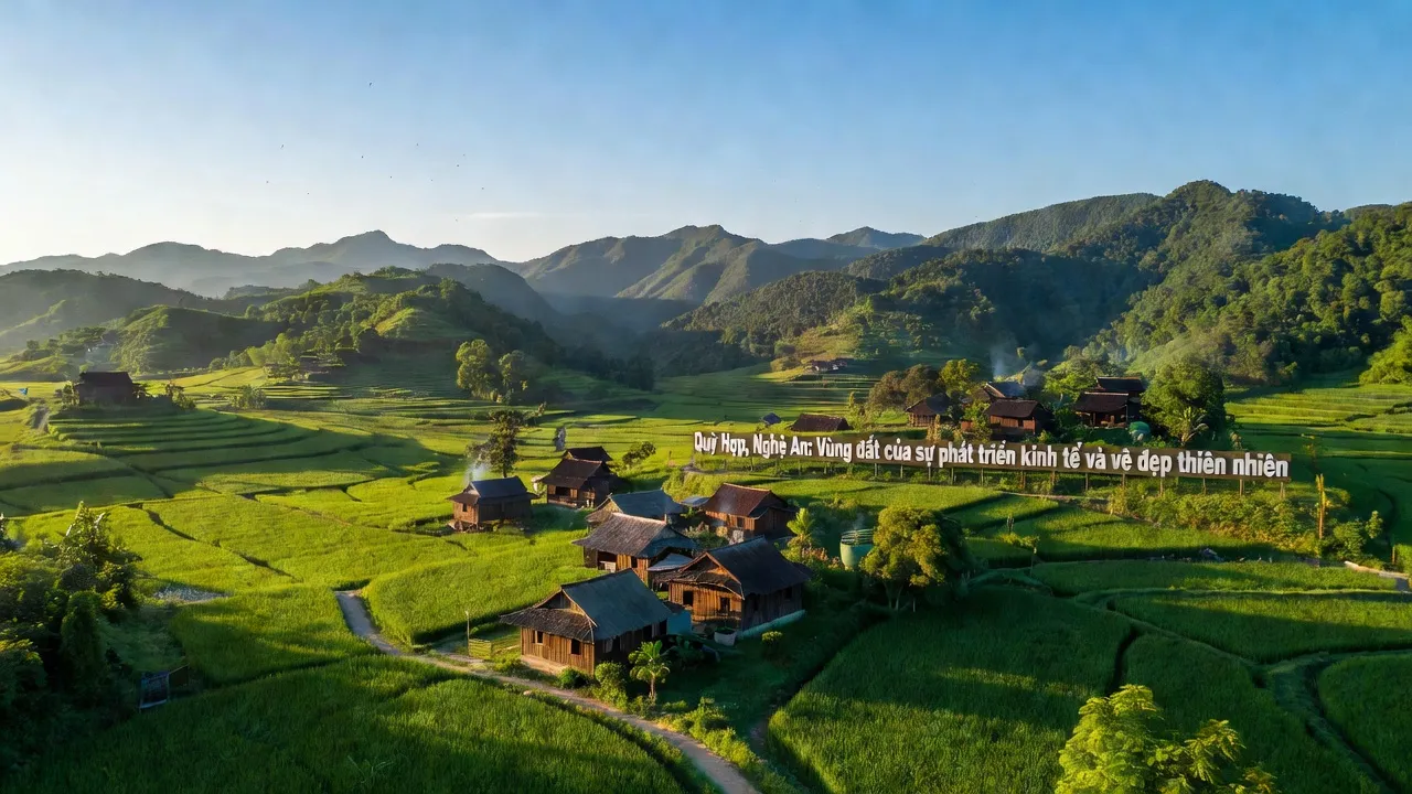 Khung cảnh thiên nhiên huyện Quỳ Hợp, Nghệ An với núi non xanh tươi và nhà sàn truyền thống.