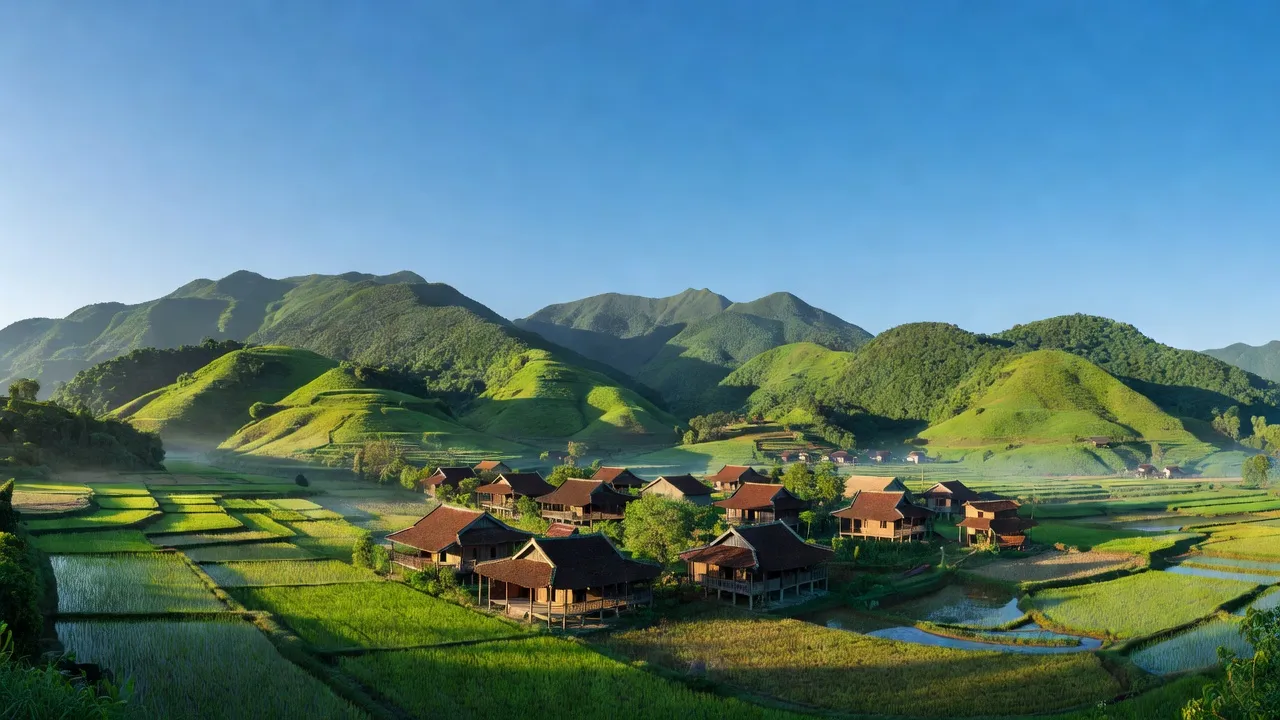 Khung cảnh thanh bình của Bắc Sơn, Quỳ Hợp, Nghệ An với núi non và kiến trúc nông thôn truyền thống.