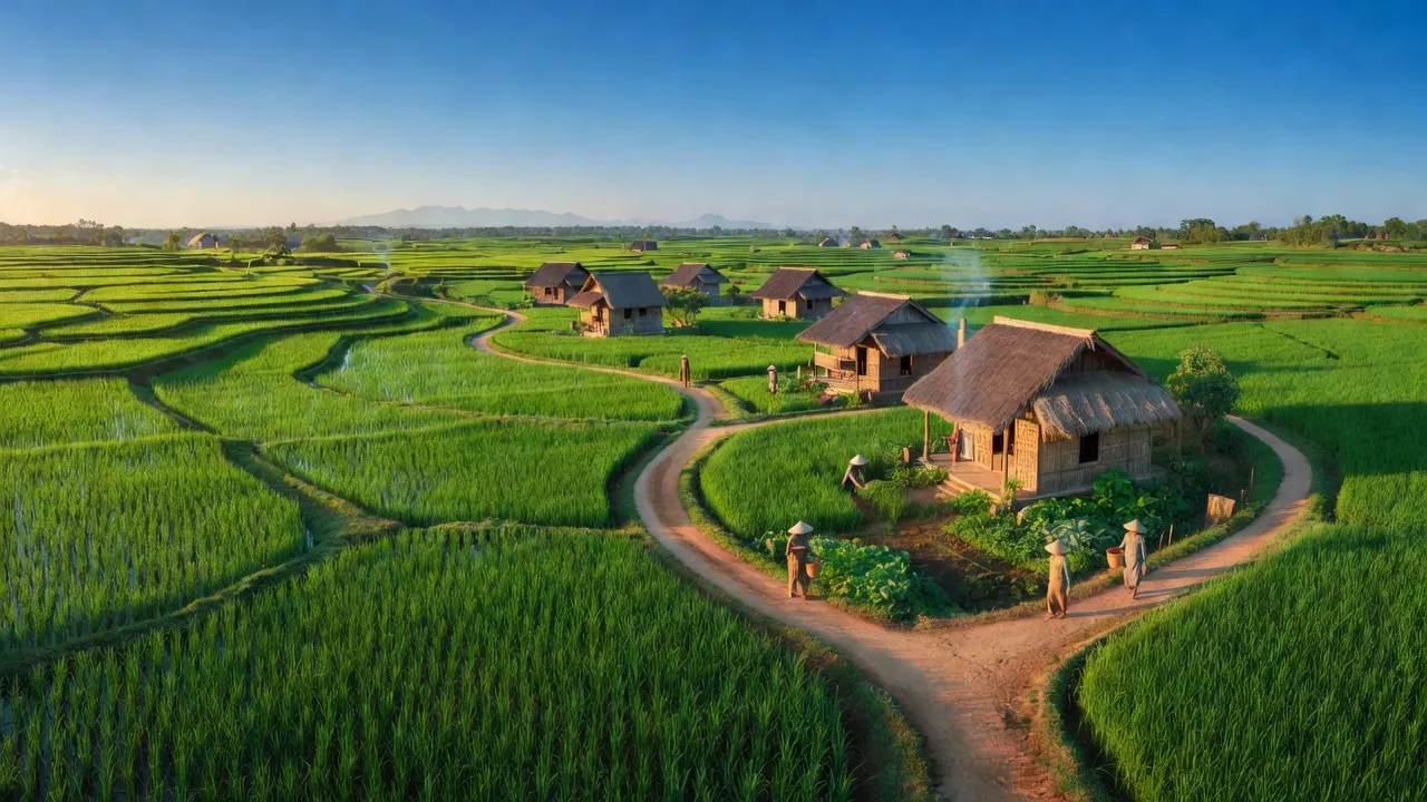 Châu Cường village in Quỳ Hợp, Nghệ An with lush rice fields and traditional houses.
