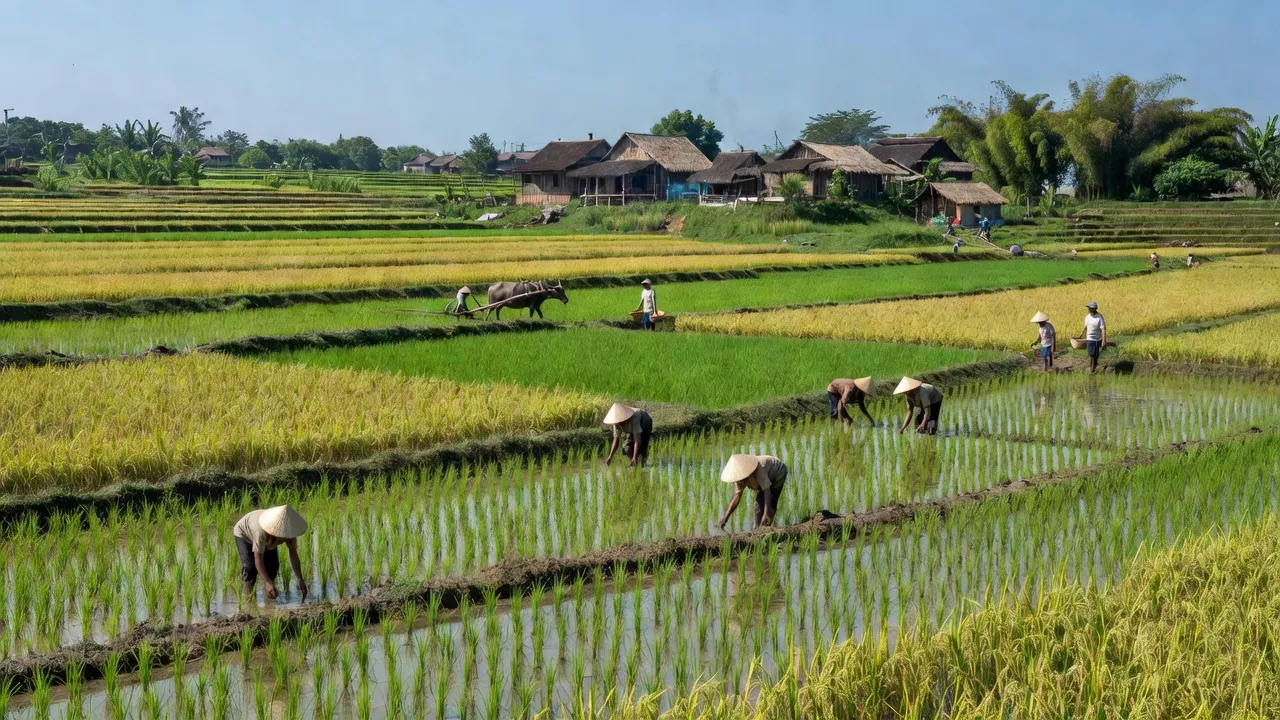 Khung cảnh nông thôn xã Châu Cường, huyện Quỳ Hợp, tỉnh Nghệ An, ruộng lúa và đời sống người dân.