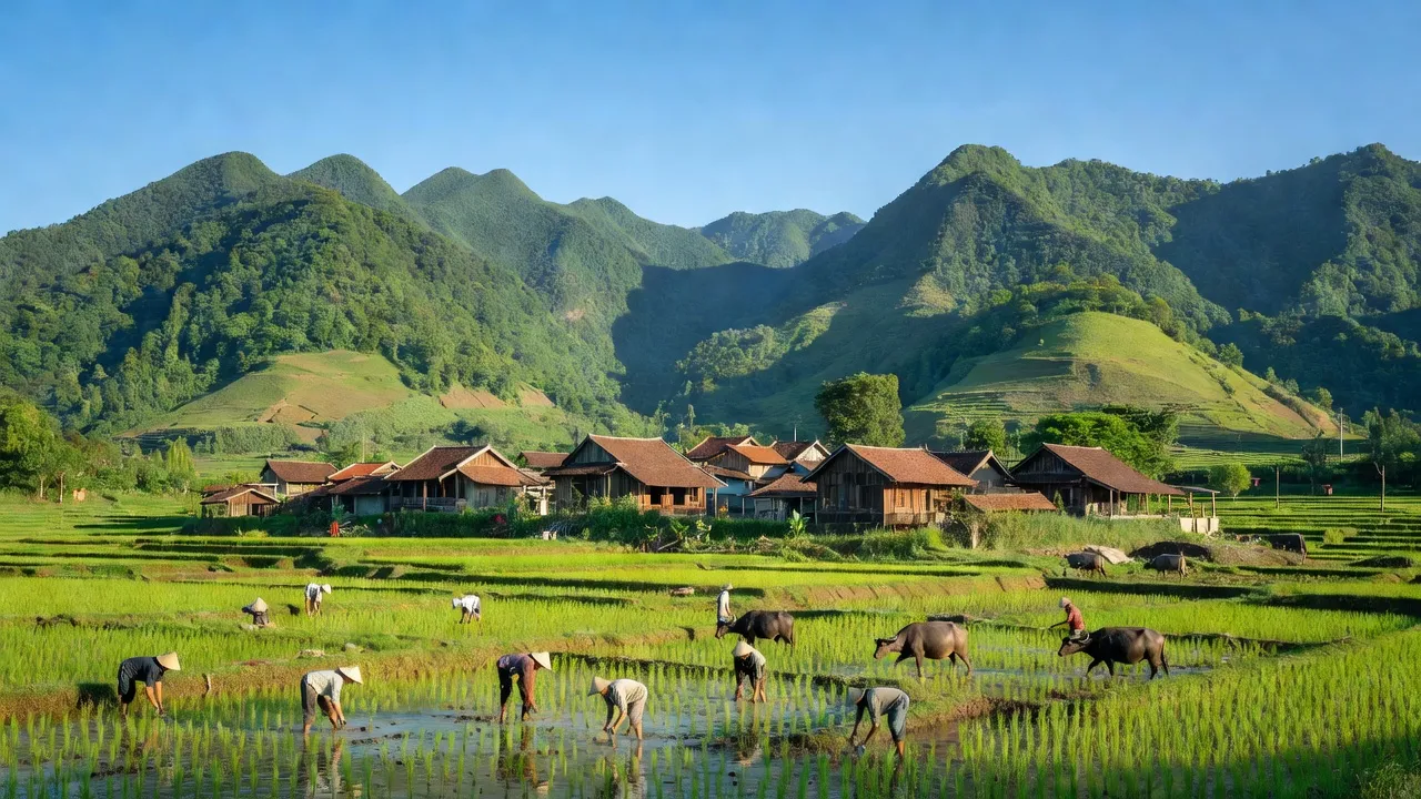 Cảnh quan xã Châu Lộc, huyện Quỳ Hợp, tỉnh Nghệ An với núi xanh và ruộng lúa.