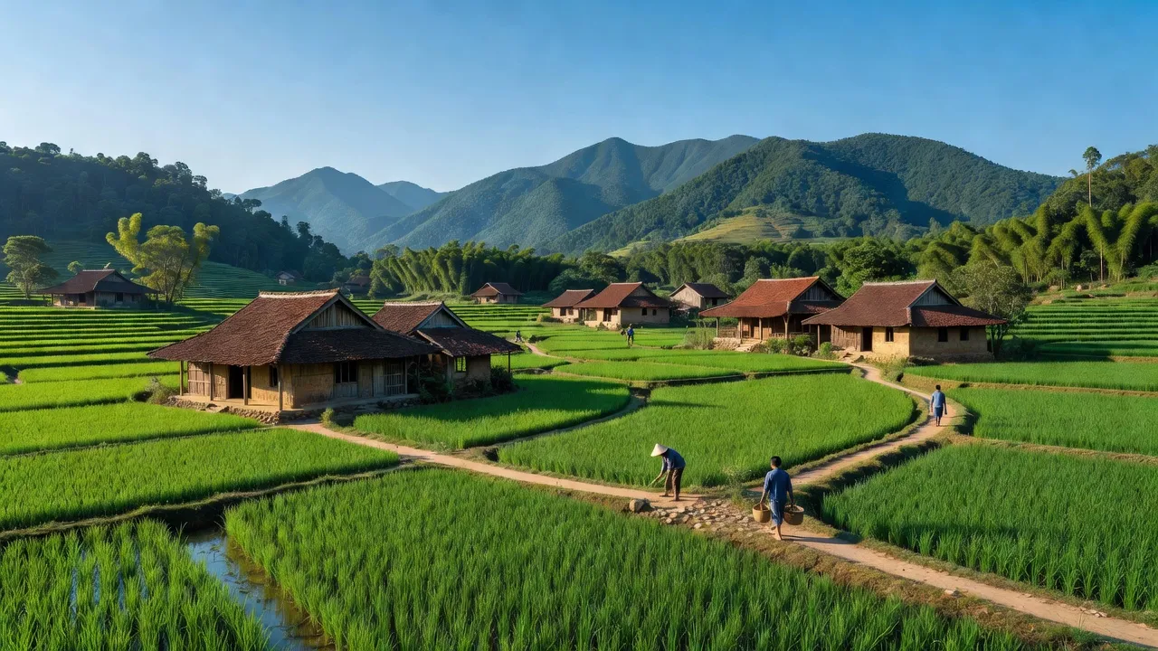 Cảnh đẹp xã Châu Quang, huyện Quỳ Hợp, Nghệ An với cánh đồng xanh và nhà truyền thống.