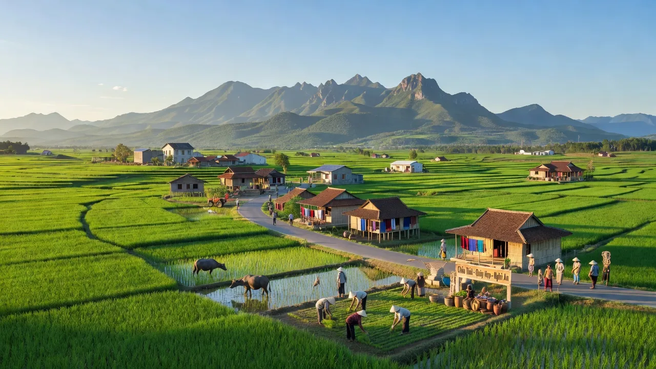 Cảnh quan xã Châu Thái, huyện Quỳ Hợp, Nghệ An với núi và cánh đồng xanh mướt.