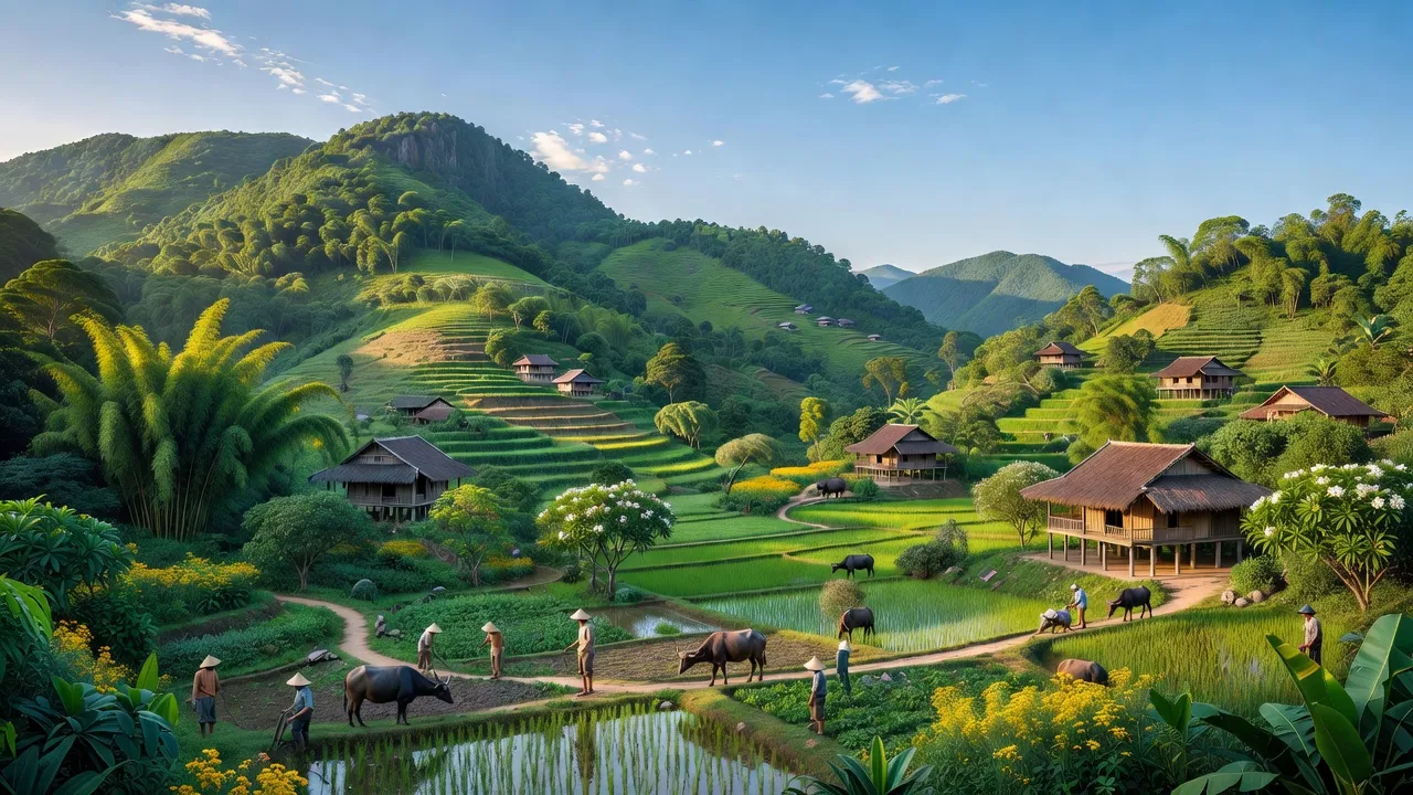 Khung cảnh yên bình tại Xã Châu Thái, huyện Quỳ Hợp, tỉnh Nghệ An, với núi xanh và nhà truyền thống.