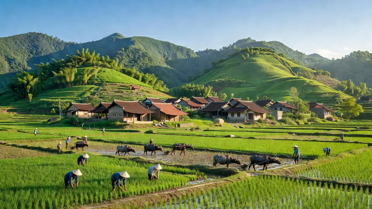 Khung cảnh làng Châu Thành, huyện Quỳ Hợp, tỉnh Nghệ An với núi xanh và nhà truyền thống.