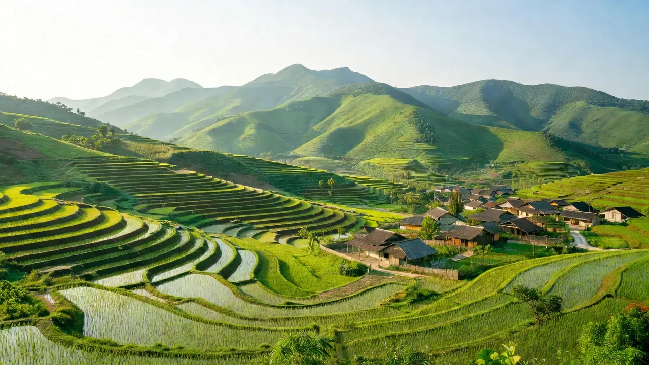 Cảnh đẹp Xã Châu Tiến, Huyện Quỳ Hợp, Nghệ An với đồi núi và làng mạc yên bình.
