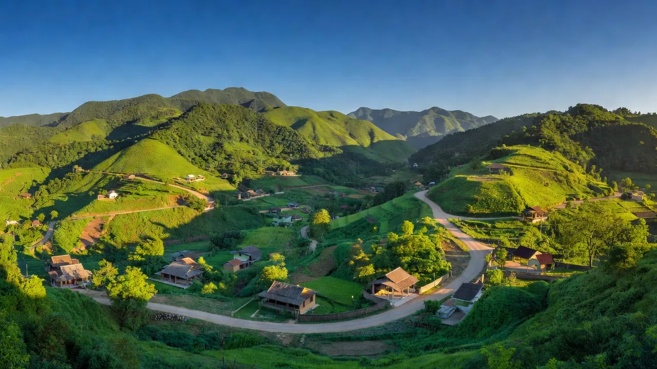 Toàn cảnh xã Đồng Hợp, huyện Quỳ Hợp, tỉnh Nghệ An với núi xanh và đường nông thôn.