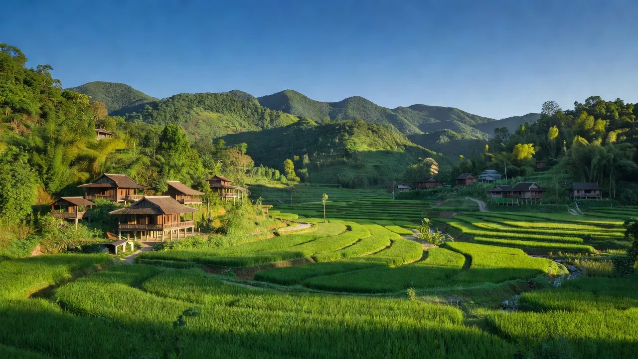 Khung cảnh Xã Hạ Sơn, huyện Quỳ Hợp, tỉnh Nghệ An với núi non xanh tươi và nhà gỗ truyền thống.
