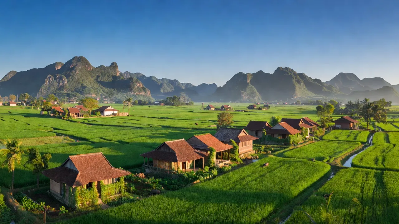 Khung cảnh xã Liên Hợp, huyện Quỳ Hợp, tỉnh Nghệ An với cánh đồng xanh và nhà truyền thống.