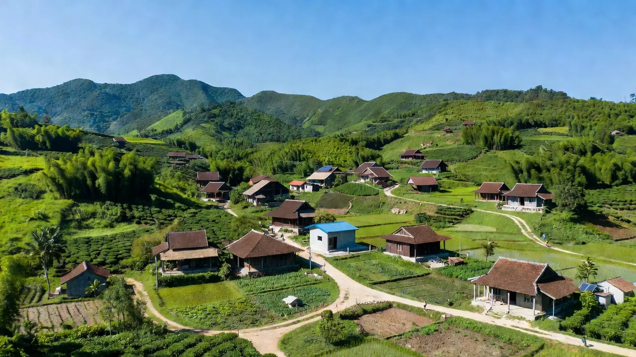 Cảnh sắc bình yên xã Nam Sơn, huyện Quỳ Hợp, tỉnh Nghệ An với núi xanh và nhà truyền thống.