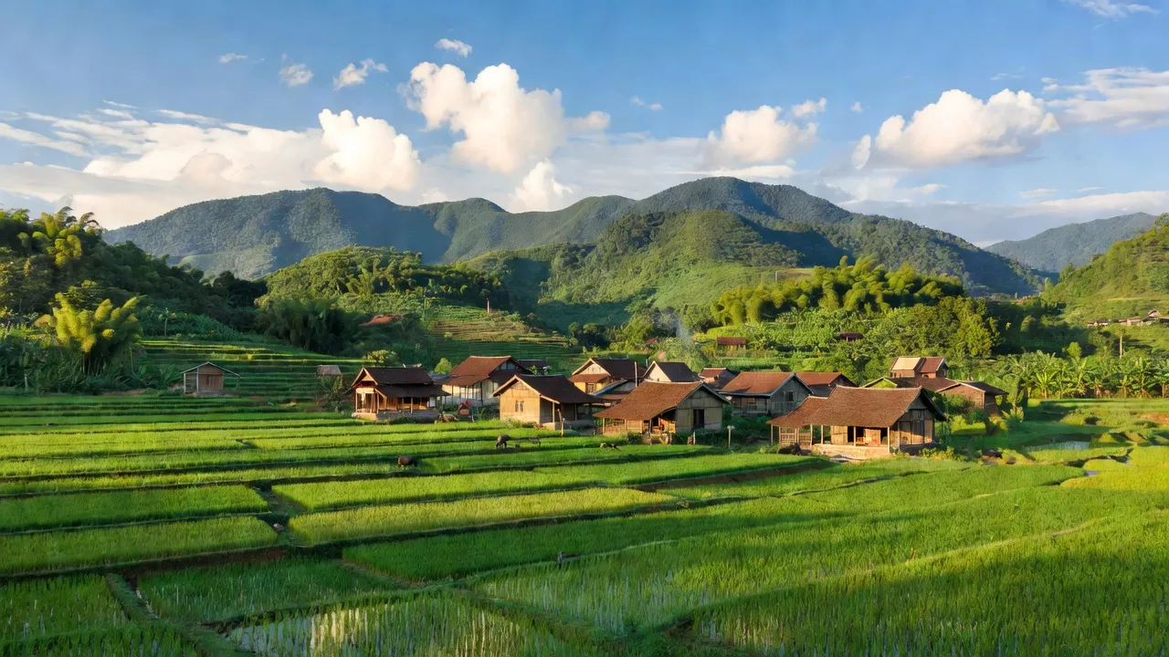 Nam Sơn village in Quỳ Hợp, Nghệ An, featuring green mountains and traditional homes surrounded by rice fields.