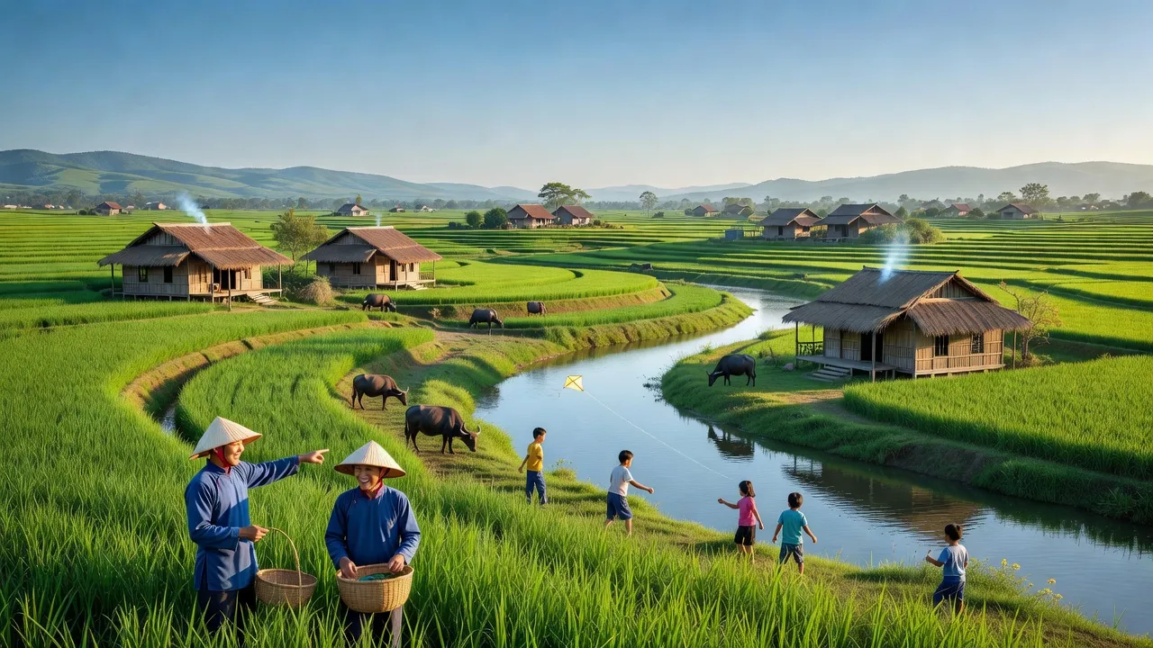 Cảnh đồng xanh Nghĩa Xuân, huyện Quỳ Hợp, Nghệ An, nổi bật với nhà truyền thống và dòng sông trong xanh.