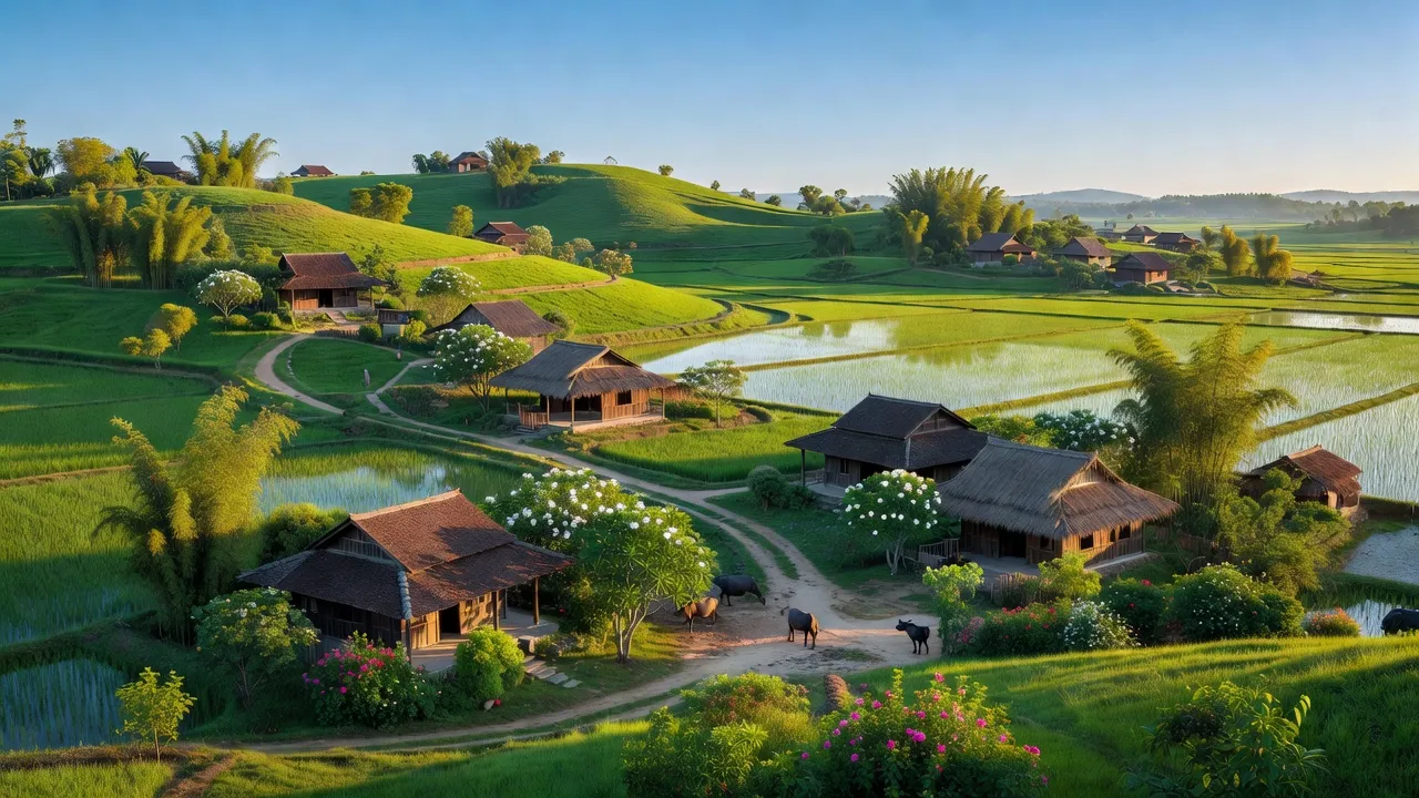 Khung cảnh đẹp của xã Nghĩa Xuân, huyện Quỳ Hợp, tỉnh Nghệ An với cánh đồng xanh tươi.