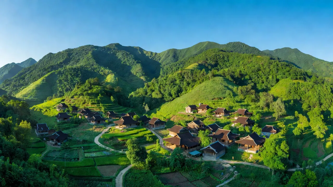 Khung cảnh xanh tươi của xã Tam Hợp, huyện Quỳ Hợp, tỉnh Nghệ An với núi non và nhà truyền thống.