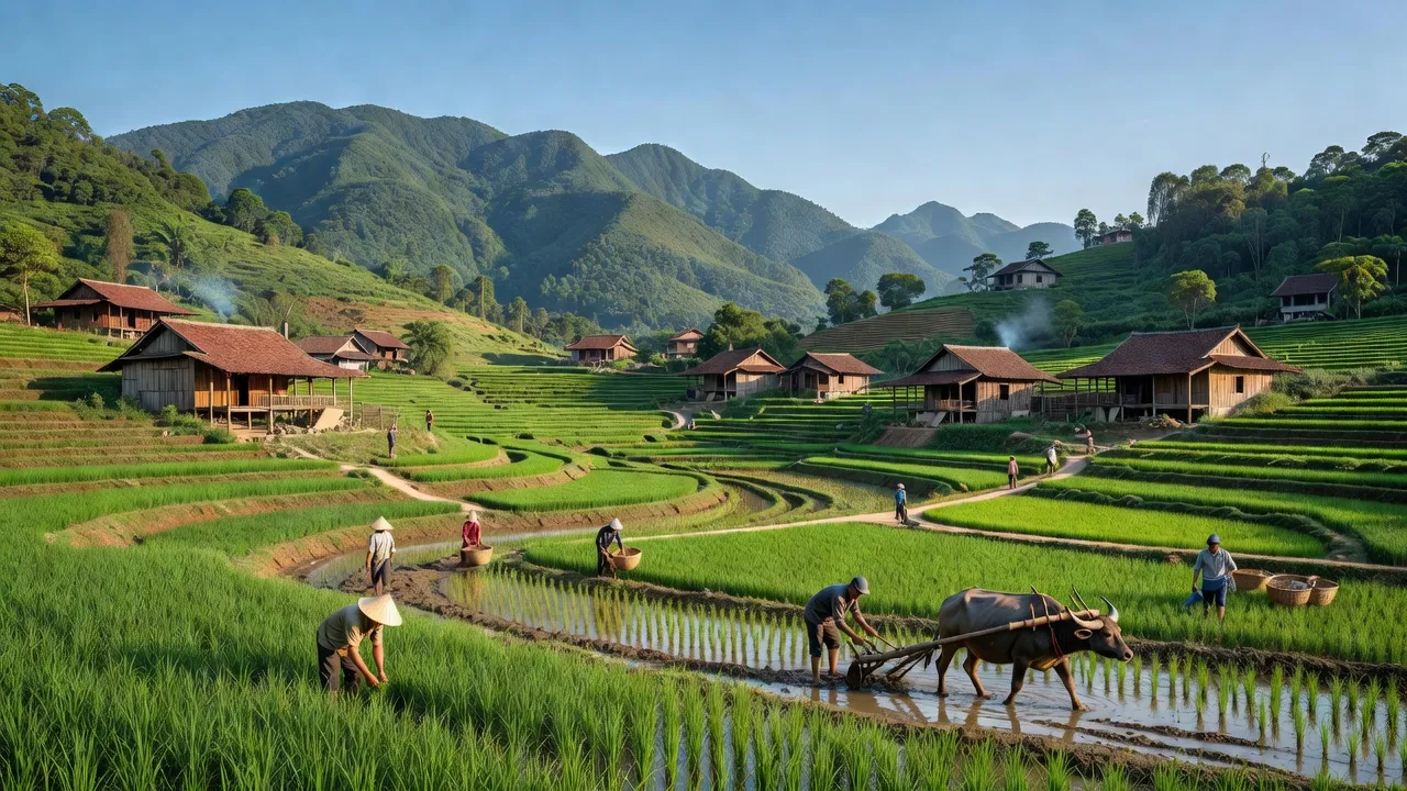 Khung cảnh yên bình của xã Thọ Hợp, huyện Quỳ Hợp, Nghệ An với núi xanh và nhà truyền thống.
