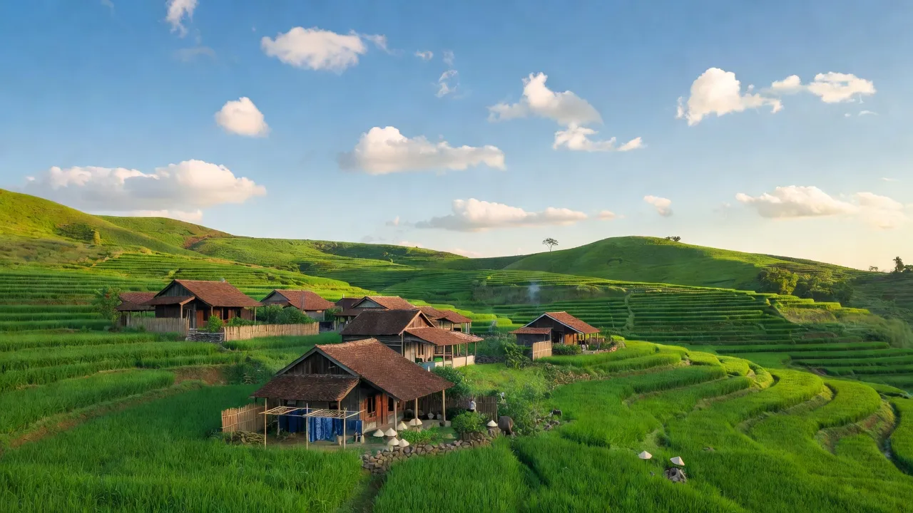 Phong cảnh xã Thọ Hợp, huyện Quỳ Hợp, Nghệ An với những ngọn đồi xanh tươi và nhà nông thôn.