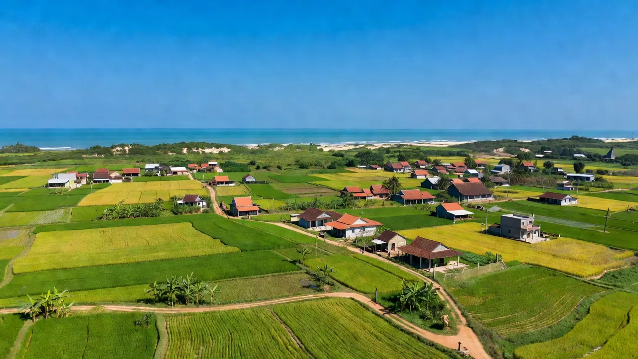 Cảnh đẹp huyện Quỳnh Lưu, Nghệ An với biển xanh và ruộng đồng tươi tốt.