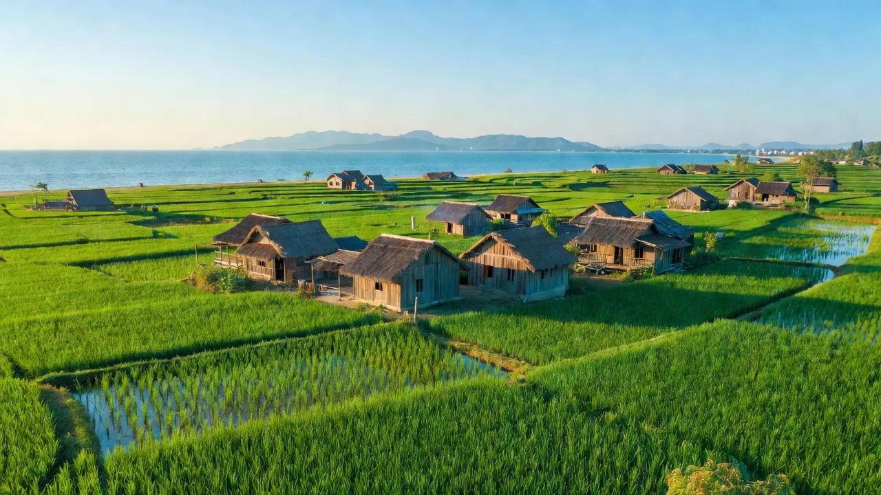Cảnh sắc An Hòa, huyện Quỳnh Lưu, Nghệ An với cánh đồng xanh và nhà truyền thống.