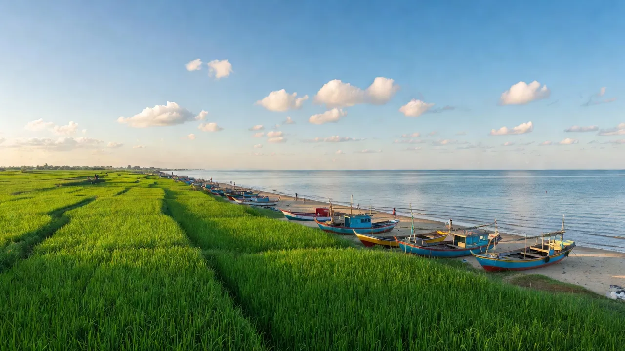 Cảnh đẹp xã Bình Sơn, huyện Quỳnh Lưu, Nghệ An với cánh đồng xanh và biển. Coastal beauty of Bình Sơn.