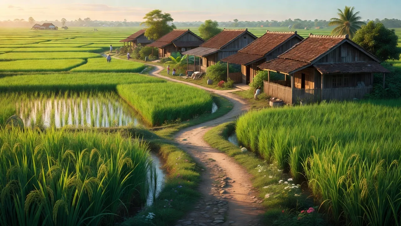 Cảnh quan xanh tươi ở xã Minh Lương, huyện Quỳnh Lưu, Nghệ An với cánh đồng lúa và ngôi nhà truyền thống.