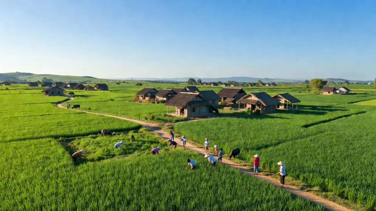 Khung cảnh Xã Minh Lương, Huyện Quỳnh Lưu, Tỉnh Nghệ An với nhà truyền thống và cánh đồng xanh.