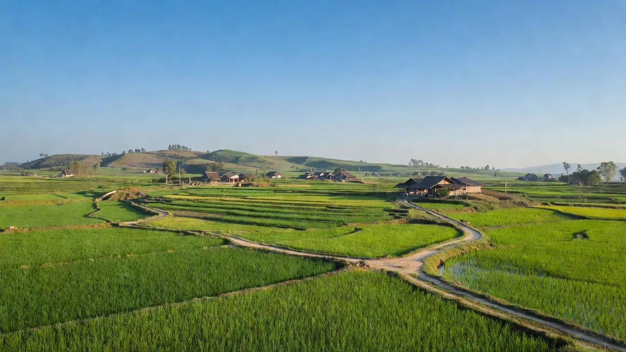 Khung cảnh yên bình tại xã Ngọc Sơn, huyện Quỳnh Lưu, tỉnh Nghệ An với đồi núi và đồng ruộng.