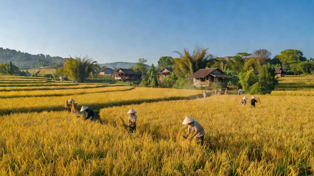 Cảnh đồng xanh tại xã Phú Nghĩa, huyện Quỳnh Lưu, Nghệ An với nông dân và nhà truyền thống.