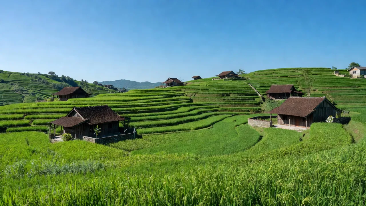 Cánh đồng xanh tươi và nhà truyền thống ở xã Phú Nghĩa, huyện Quỳnh Lưu, tỉnh Nghệ An.