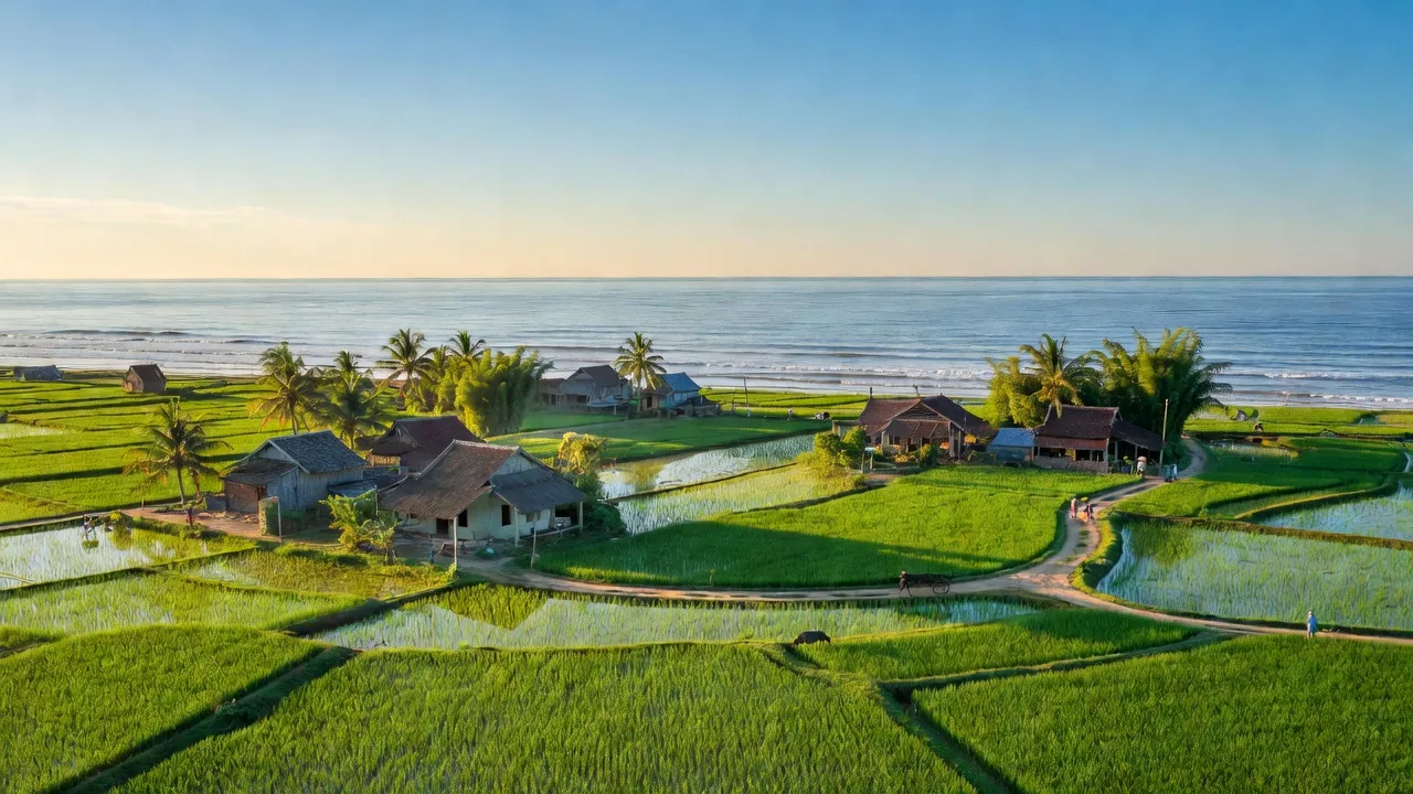 Quỳnh Diễn, Nghệ An: beautiful coastal landscape with rice fields and traditional houses.