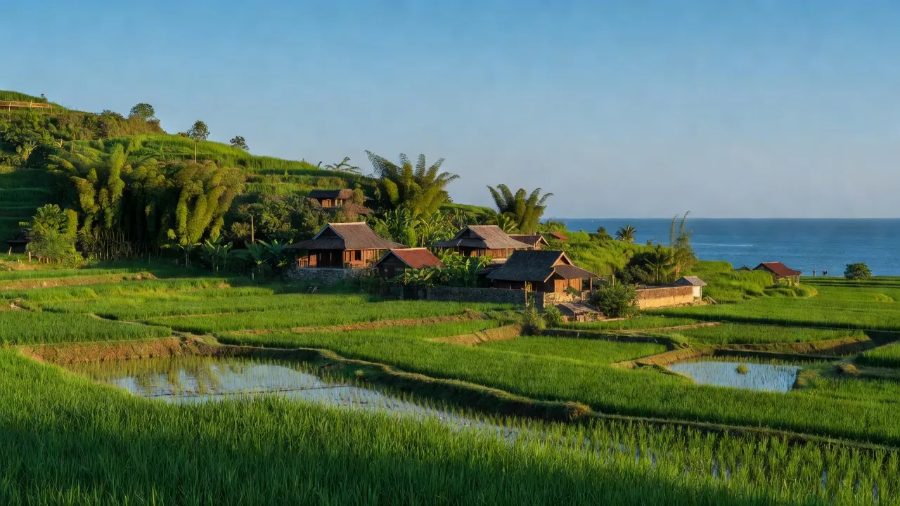 Quỳnh Diễn, Nghệ An: Coastal rice fields and traditional houses under a blue sky.