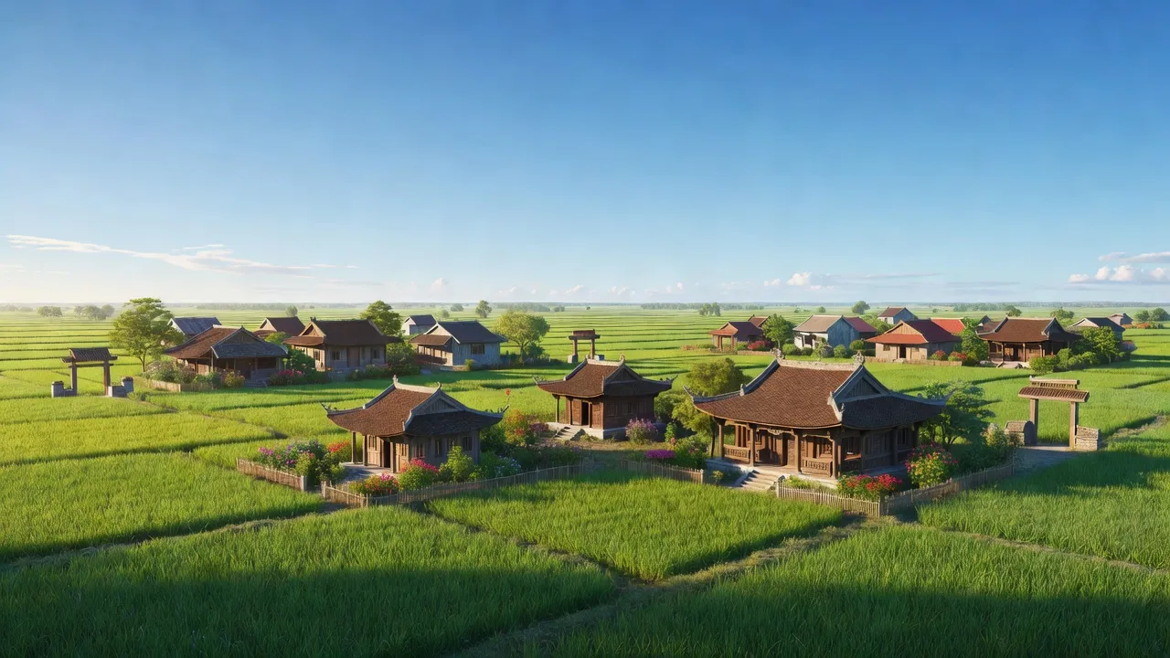 Quang cảnh cánh đồng và nhà truyền thống tại xã Quỳnh Đôi, huyện Quỳnh Lưu, Nghệ An, Việt Nam.
