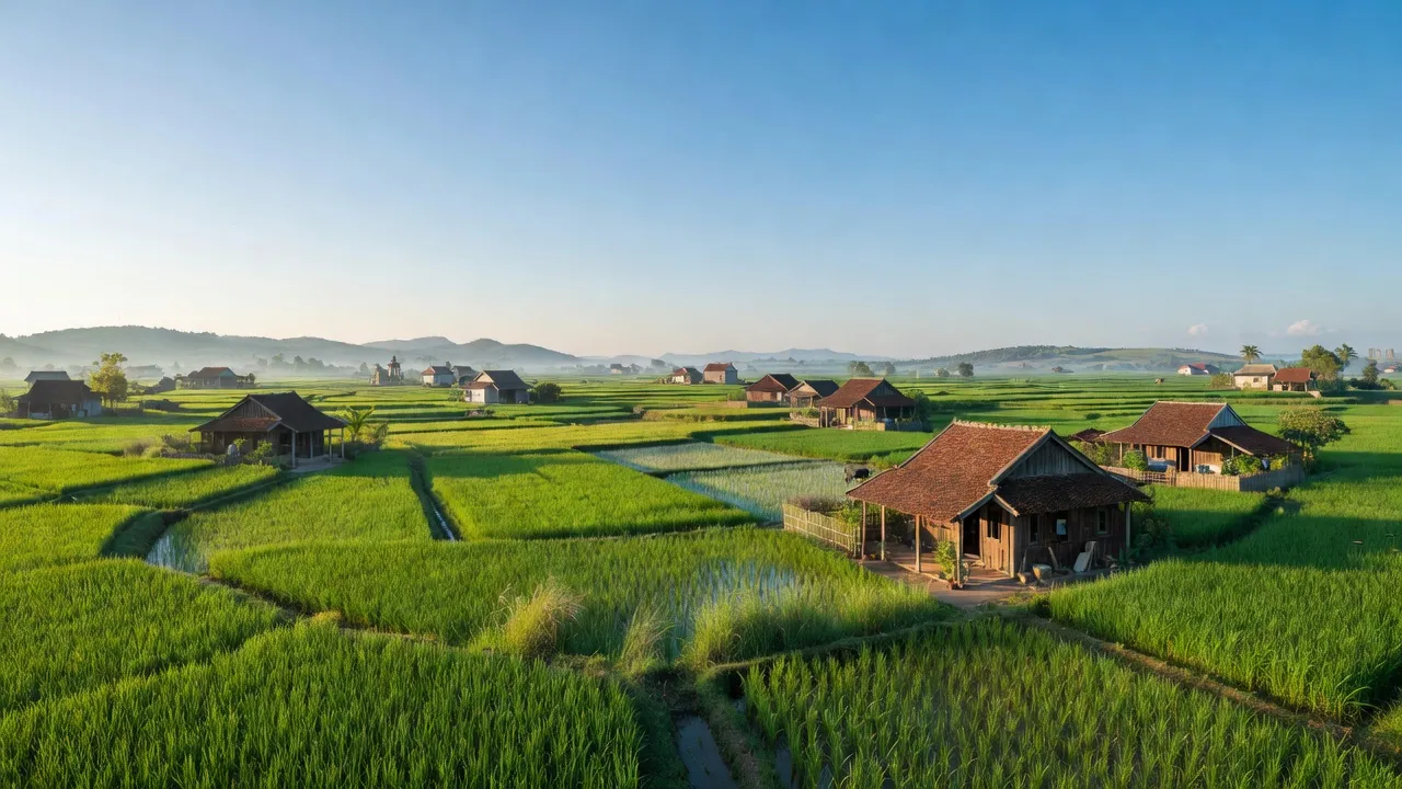 Khung cảnh thanh bình của xã Quỳnh Lâm, huyện Quỳnh Lưu, tỉnh Nghệ An với đồng xanh và bầu trời trong xanh.