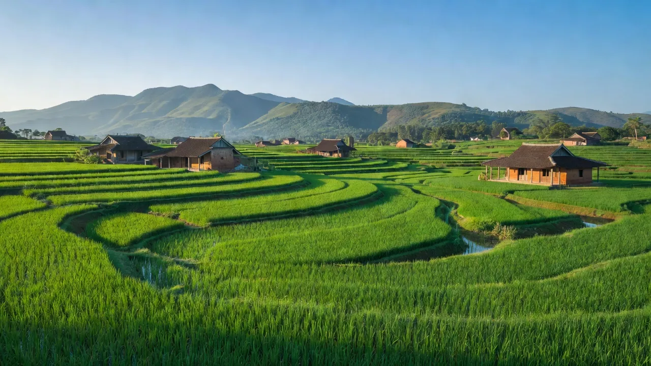 Quỳnh Sơn huyện Quỳnh Lưu, Nghệ An, cánh đồng lúa xanh tươi, nhà truyền thống Việt Nam.