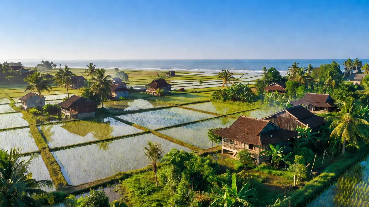Khung cảnh thơ mộng của xã Quỳnh Tân, huyện Quỳnh Lưu, tỉnh Nghệ An với cánh đồng và nhà truyền thống.
