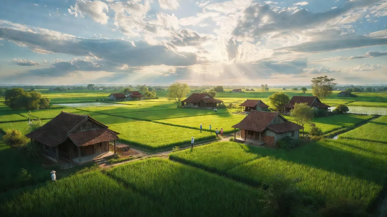 Quang cảnh xã Quỳnh Thạch, huyện Quỳnh Lưu với cánh đồng xanh và nhà truyền thống, Nghệ An.