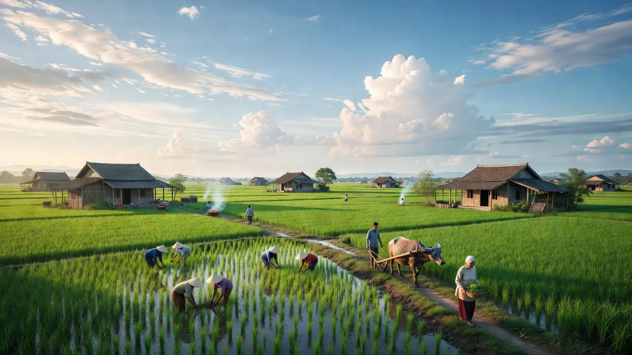 Cảnh đẹp xã Quỳnh Thắng, huyện Quỳnh Lưu, Nghệ An, với cánh đồng xanh và nông dân làm việc.