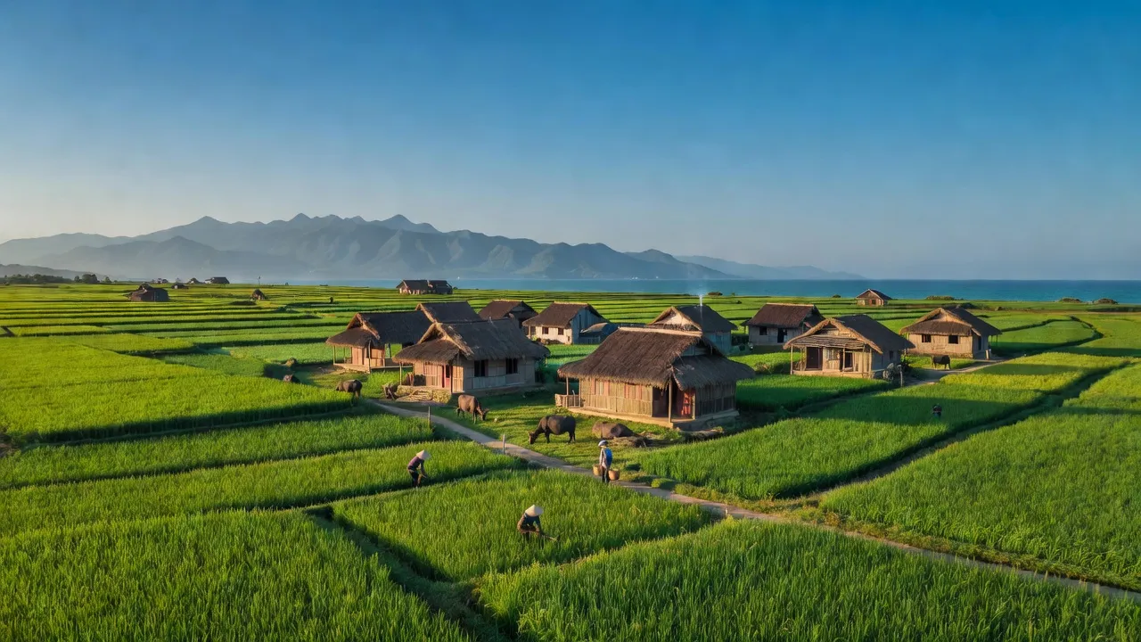 Cảnh đẹp Quỳnh Thanh, Nghệ An với đồng ruộng xanh tươi và nhà làng truyền thống.