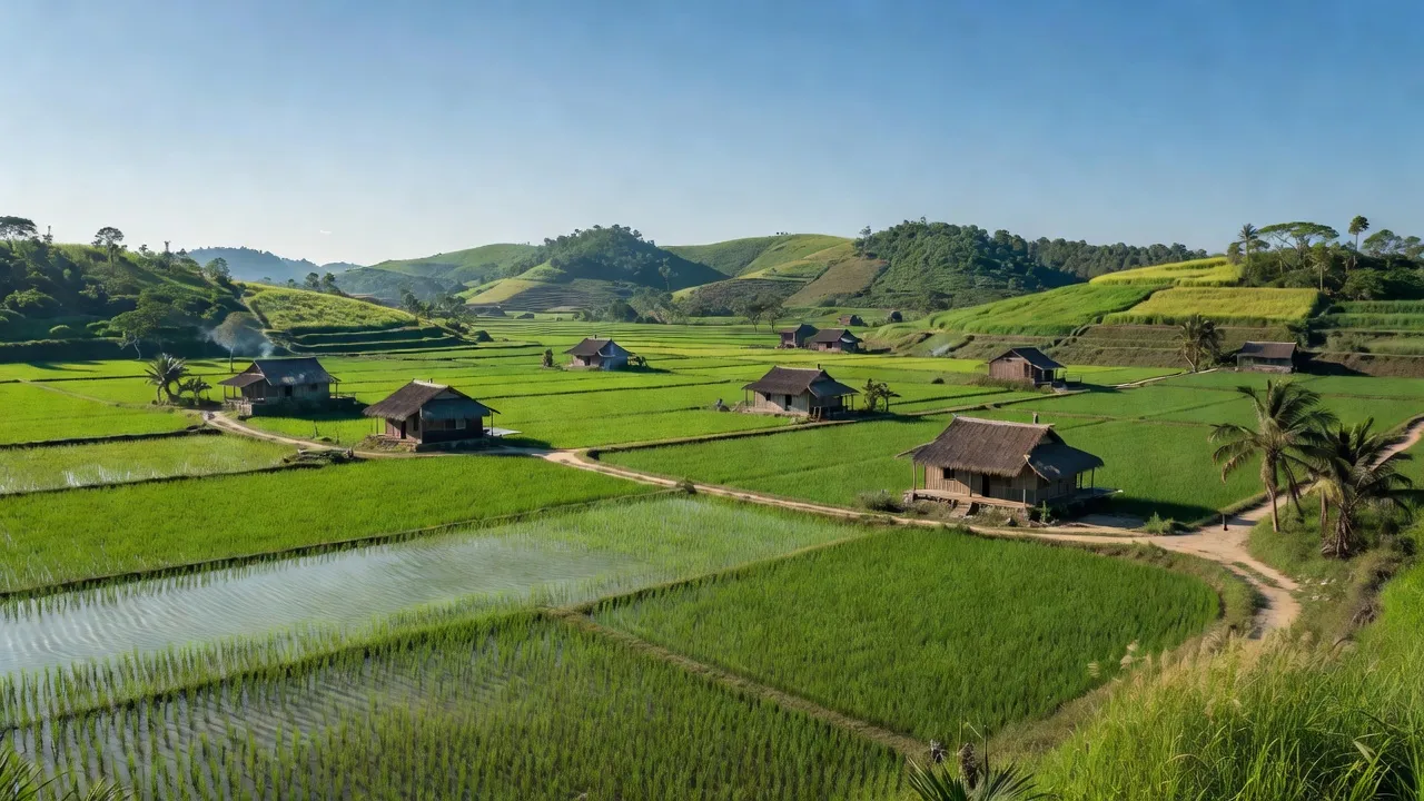 Cảnh đẹp Quỳnh Yên, Nghệ An với cánh đồng xanh và nhà truyền thống, bầu trời trong xanh.