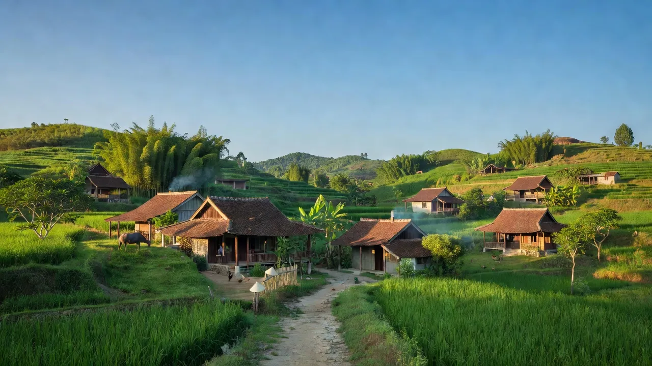 Cảnh quan tươi đẹp xã Tân Thắng, huyện Quỳnh Lưu, Nghệ An, với nhà truyền thống và đồi núi xanh.