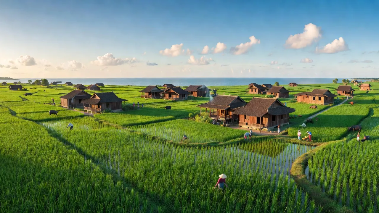 Cảnh đẹp xã Thuận Long, huyện Quỳnh Lưu, Nghệ An với cánh đồng xanh và nhà gỗ truyền thống.