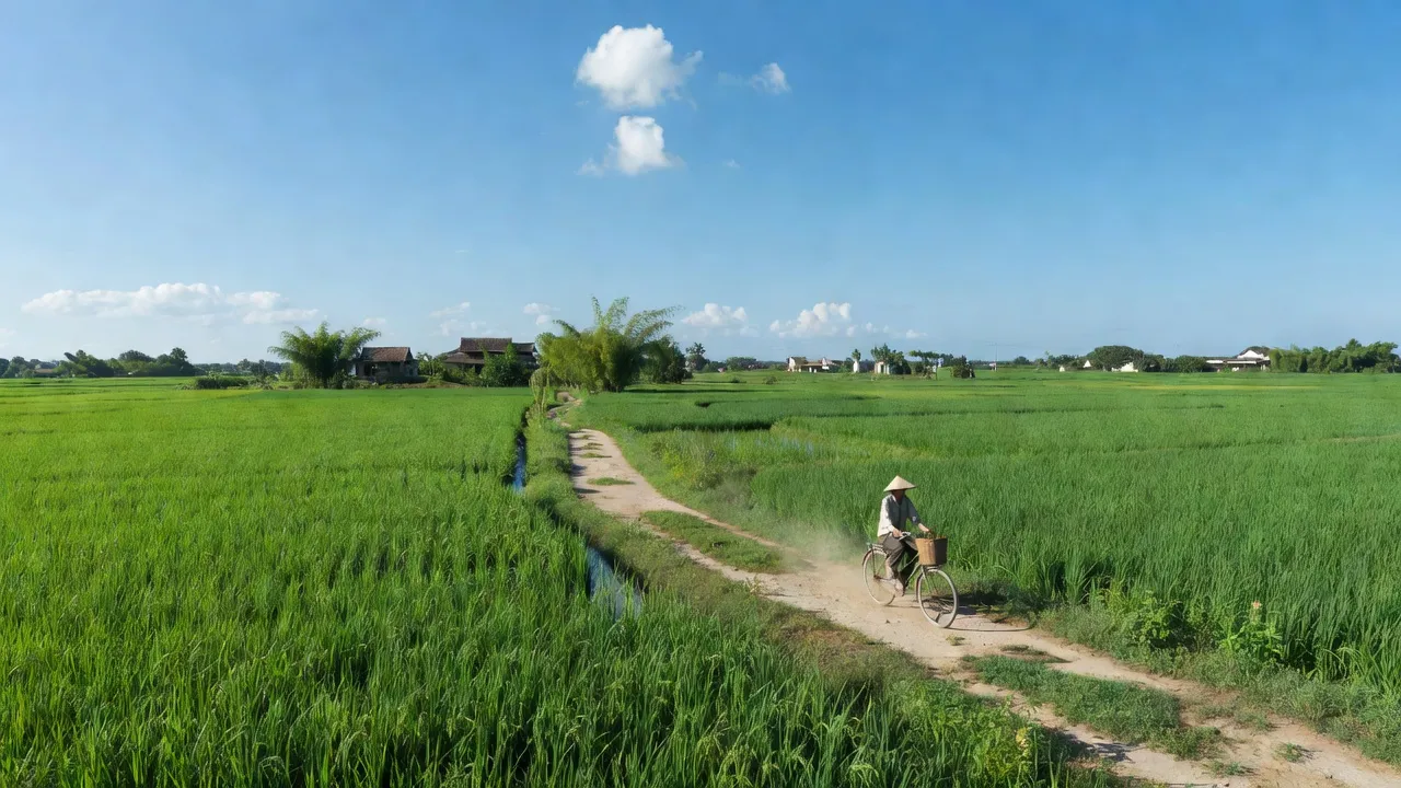 Cảnh quan đồng quê xã Thuận Long, Quỳnh Lưu, Nghệ An với cánh đồng xanh và bầu trời sáng.